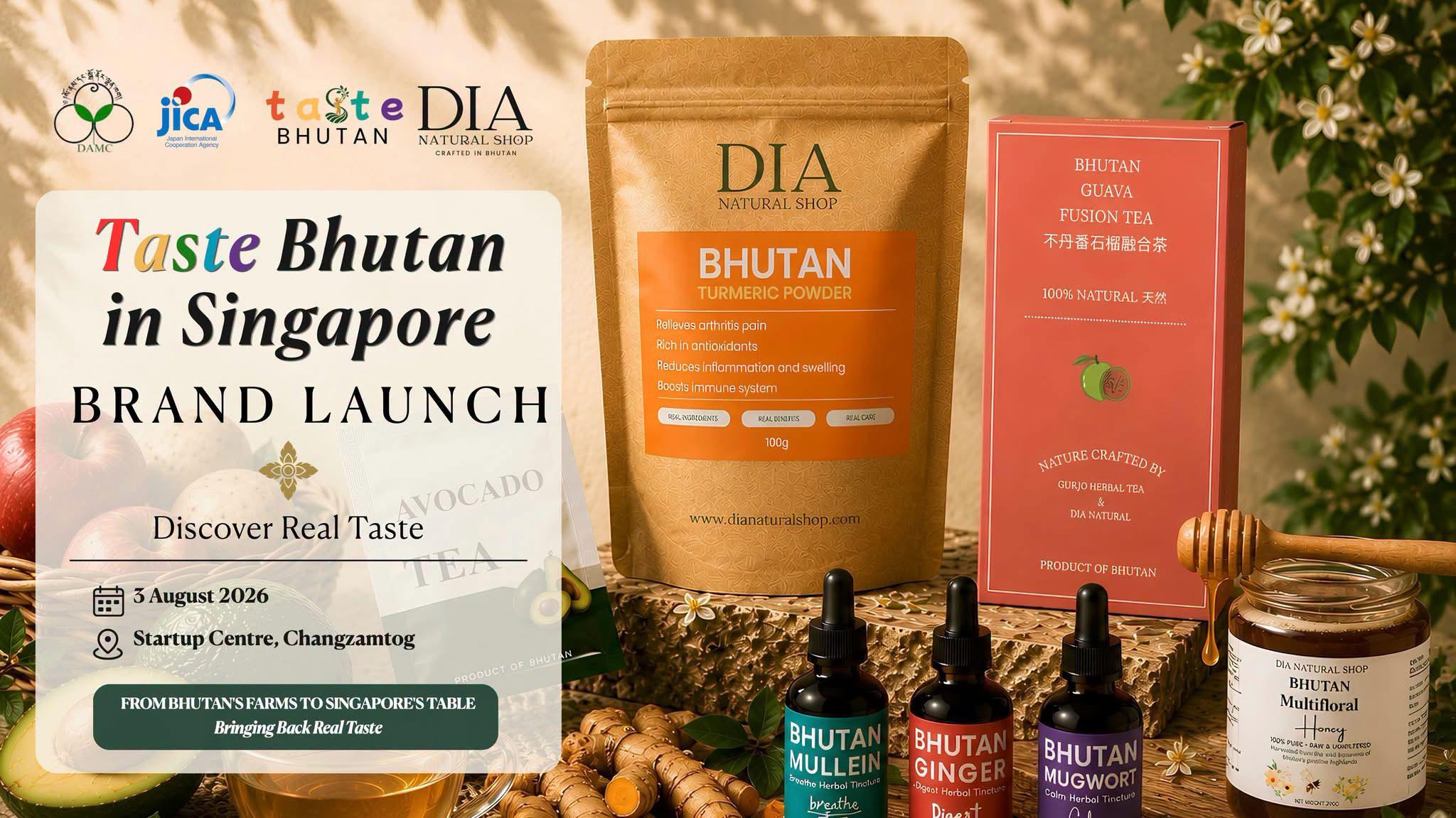 Taste Bhutan branded products arranged in premium retail packaging