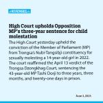 High Court upholds Opposition MP’s three-year sentence for child molestation